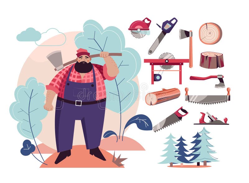 Herramientas y madera de corte del leñador o del leñador ilustración del vector Herramientas y madera de corte del leñador o del leñador ilustración del vector