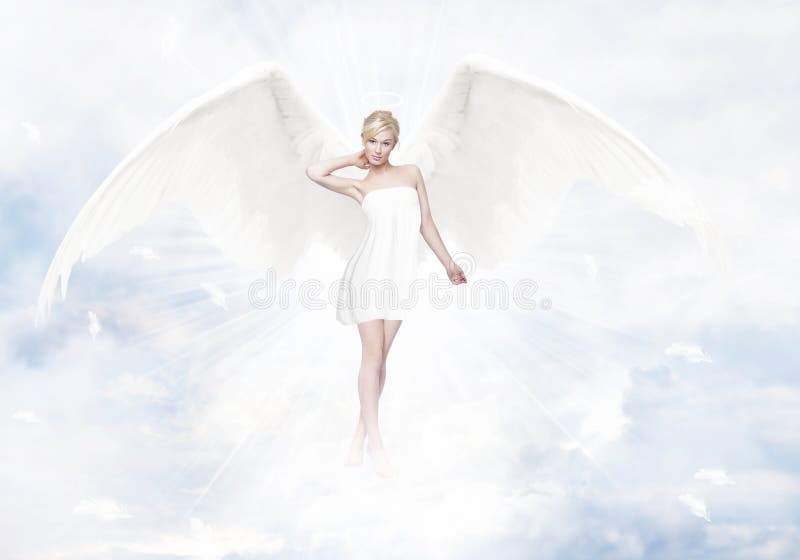 Gorgeous young blond woman as angel in heaven with white wings. Gorgeous young blond woman as angel in heaven with white wings