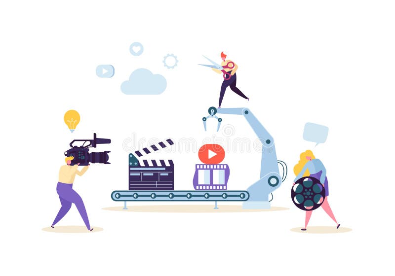 Herstellung des Films, Videoproduktions-Konzept Fernsehbetreiber mit Kamerarecorder Videography, Charaktere, die Film schießen lizenzfreie abbildung Herstellung des Films, Videoproduktions-Konzept Fernsehbetreiber mit Kamerarecorder Videography, Charaktere, die Film schießen lizenzfreie abbildung