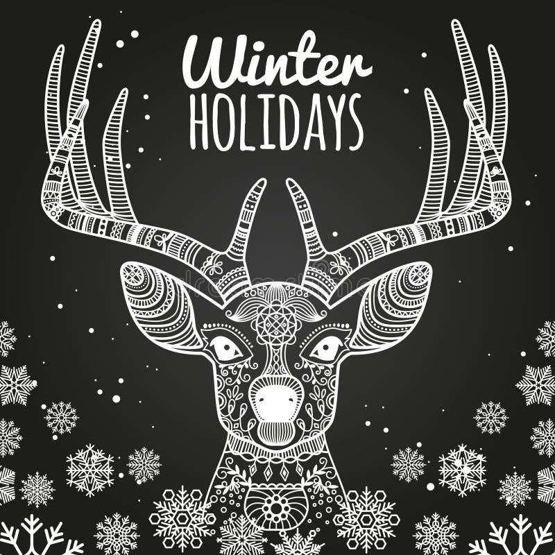 Herten en sneeuwvlokken de kaartmalplaatje van de de wintervakantie vector illustratie Herten en sneeuwvlokken de kaartmalplaatje van de de wintervakantie vector illustratie