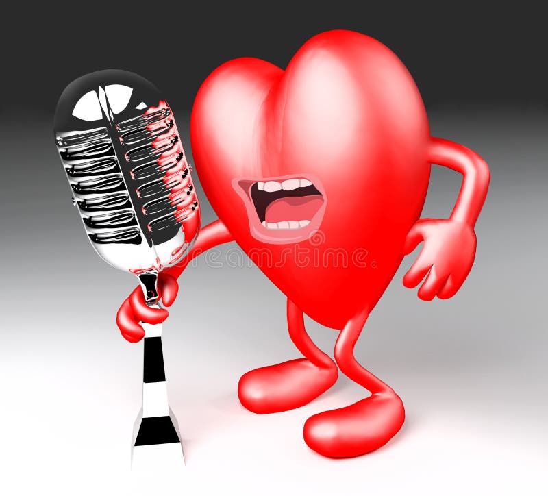 Herz mit den Armen, Beine, singend mit einem alten Mikrofon