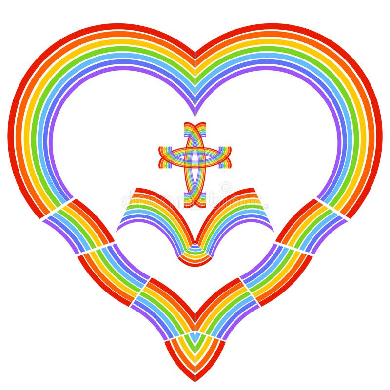 Herz mit einem Kreuz und ein offenes Buch, Farben des Regenbogens lizenzfreie stockbilder Herz mit einem Kreuz und ein offenes Buch, Farben des Regenbogens lizenzfreie stockbilder
