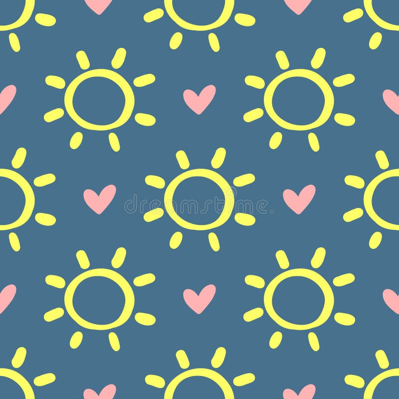 Hearts and suns drawn by hand. Cute seamless pattern. Sketch, doodle. Vector illustration. Blue, pink, yellow color. Hearts and suns drawn by hand. Cute seamless pattern. Sketch, doodle. Vector illustration. Blue, pink, yellow color.