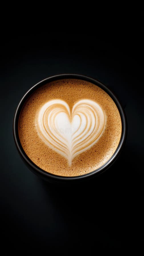 Herzförmige Latte Art in einem Schwarzen Cup auf dunklem Hintergrund lizenzfreie abbildung