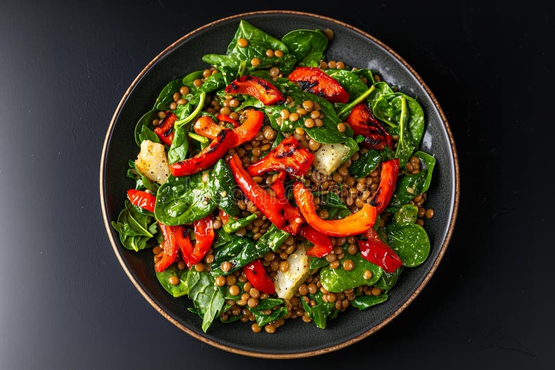 Herzhafter Lentialsalat mit gerösteten Paprika und Spinat, perfekt für ausgewogene Mahlzeiten. lizenzfreie abbildung