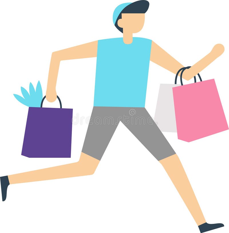 Herzlichen Glückwunsch, wenn der Kunde nach einer erfolgreichen Shopping-Tour fröhlich läuft und dabei farbenfrohe Einkaufstaschen stock abbildung