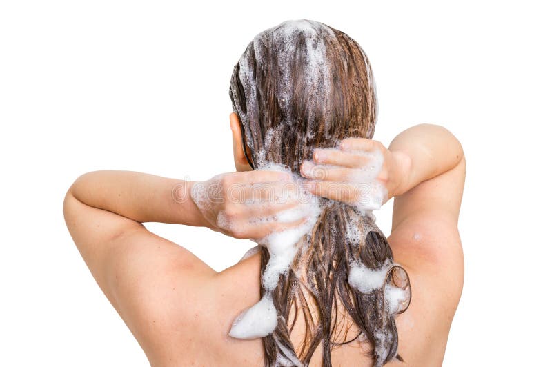 Het aantrekkelijke haar van de vrouwenwas met shampoo in douche stock foto Het aantrekkelijke haar van de vrouwenwas met shampoo in douche stock foto