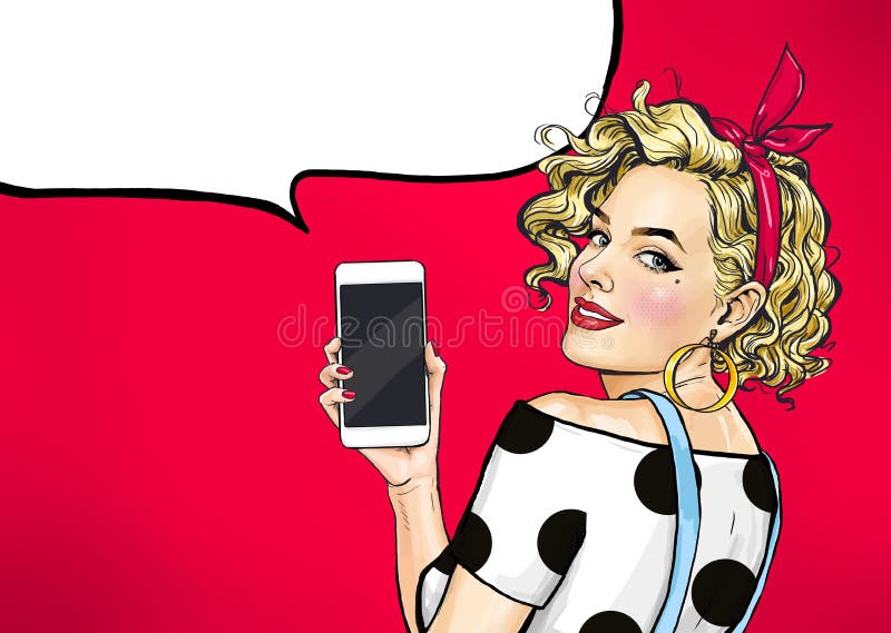 Het aantrekkelijke sexy meisje met telefoon in dient binnen grappige stijl in Smartphone van de vrouwenholding vector illustratie Het aantrekkelijke sexy meisje met telefoon in dient binnen grappige stijl in Smartphone van de vrouwenholding vector illustratie