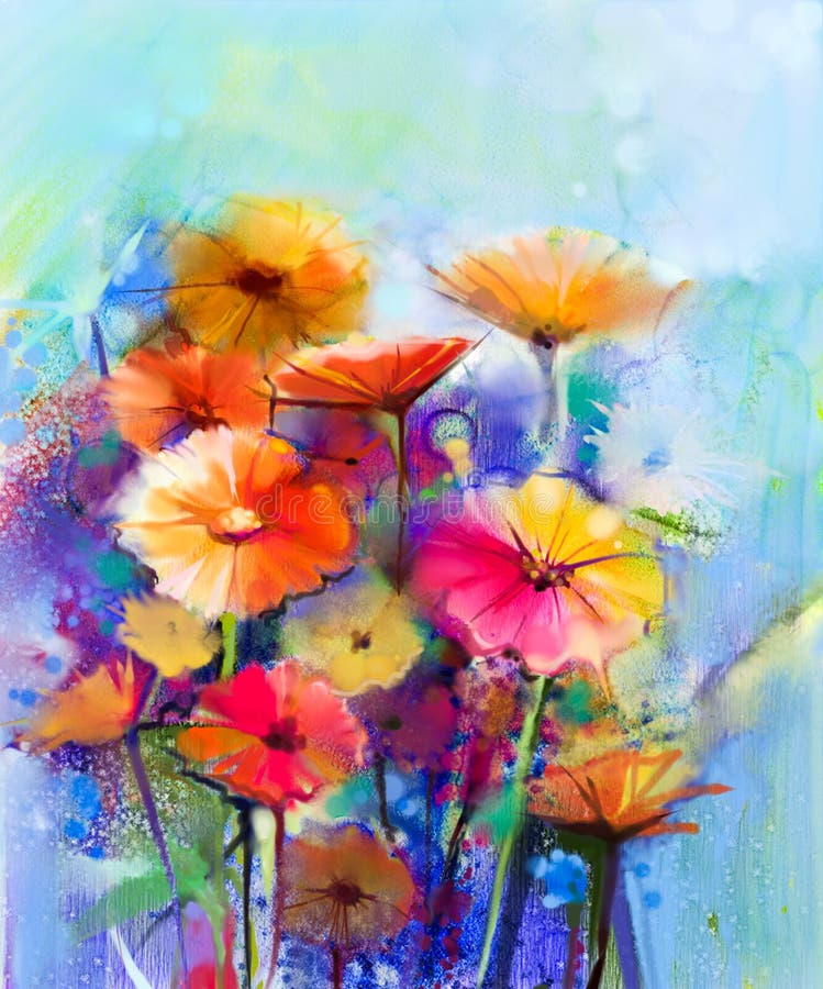 Abstract floral watercolor painting. Hand paint White, Yellow, Pink and Red color of daisy- gerbera flowers in soft color on blue- green color background.Spring flower seasonal nature background. Abstract floral watercolor painting. Hand paint White, Yellow, Pink and Red color of daisy- gerbera flowers in soft color on blue- green color background.Spring flower seasonal nature background