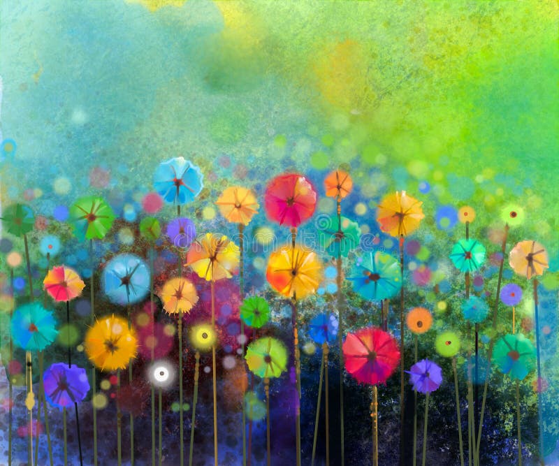 Abstract floral watercolor painting. Hand painted Yellow and Red flowers in soft color on green color background. Abstract flower paintings in the meadows. Spring flower seasonal nature background. Abstract floral watercolor painting. Hand painted Yellow and Red flowers in soft color on green color background. Abstract flower paintings in the meadows. Spring flower seasonal nature background
