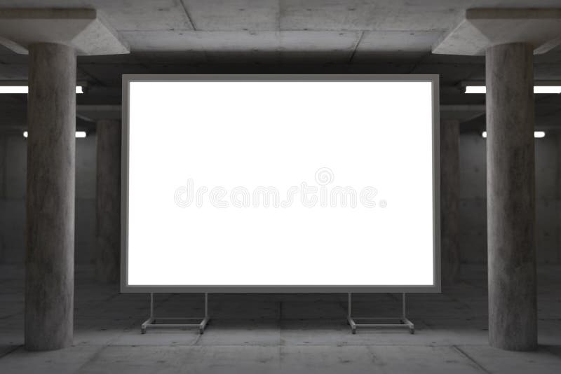 Het abstracte 3d teruggeven van gloeiend aanplakbord in industriële ruimte stock illustratie Het abstracte 3d teruggeven van gloeiend aanplakbord in industriële ruimte stock illustratie