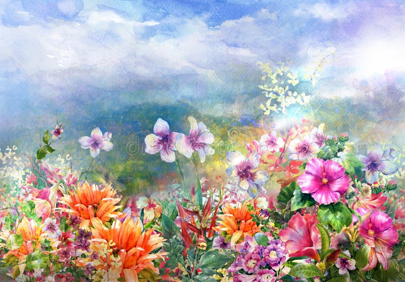 Het abstracte kleurrijke bloemenwaterverf schilderen De lente multicolored in aard