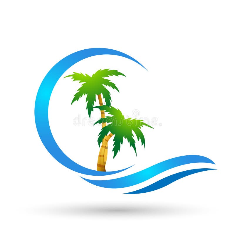 Het abstracte kokospalmpalm van zon en van het het strandembleem van de de overzeese golven tropische het elementenpictogram ontw vector illustratie Het abstracte kokospalmpalm van zon en van het het strandembleem van de de overzeese golven tropische het elementenpictogram ontw vector illustratie