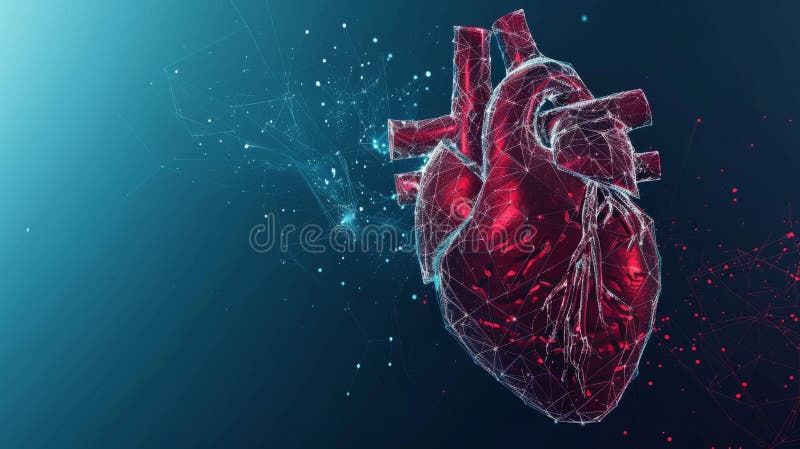 The abstract red human heart is shown in a geometric background with a wireframe light connection structure. The concept is a modern 3D graphic concept. The modern image is in a low poly style AI generated. The abstract red human heart is shown in a geometric background with a wireframe light connection structure. The concept is a modern 3D graphic concept. The modern image is in a low poly style AI generated