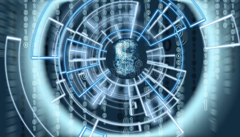 Het abstracte vingerafdrukom virtuele scherm met matrijscode op de achtergrond en patern omringend het royalty-vrije stock afbeeldingen Het abstracte vingerafdrukom virtuele scherm met matrijscode op de achtergrond en patern omringend het royalty-vrije stock afbeeldingen