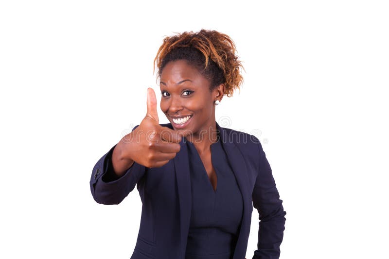 Het Afrikaanse Amerikaanse bedrijfsvrouw maken beduimelt omhoog gebaar - Zwarte