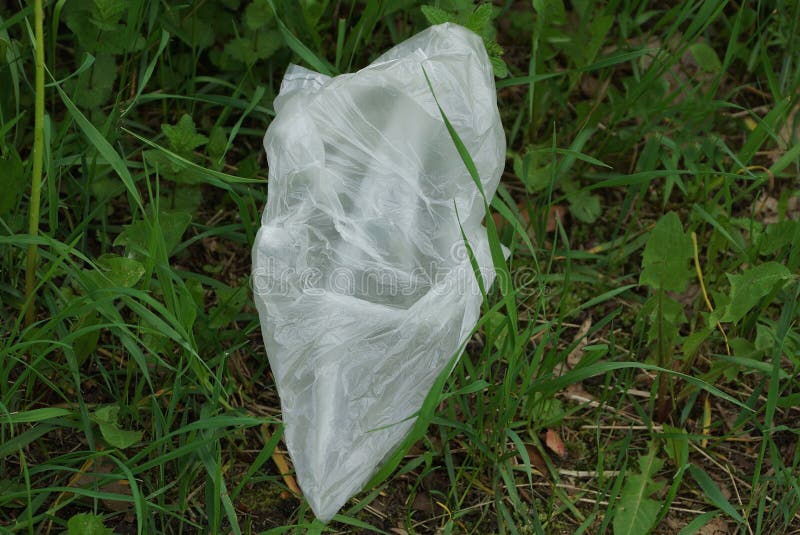 Het afval van witte lege plastic zak ligt op groene grassre royalty-vrije stock afbeeldingen Het afval van witte lege plastic zak ligt op groene grassre royalty-vrije stock afbeeldingen