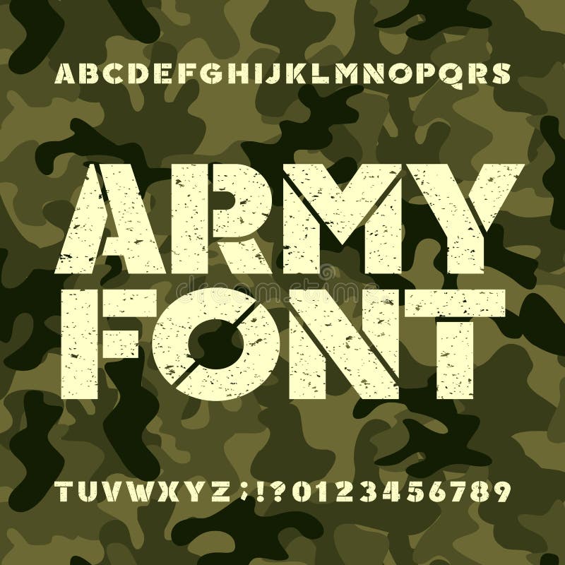 Het alfabetdoopvont van de legerstencil Grunge gewaagde letters en getallen op militaire camoachtergrond