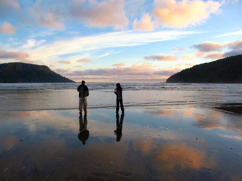 Het avondlicht overdacht het Strand bij San Josef Bay, Kaap Scott Provincial Park, het Eiland van Vancouver royalty-vrije stock foto's Het avondlicht overdacht het Strand bij San Josef Bay, Kaap Scott Provincial Park, het Eiland van Vancouver royalty-vrije stock foto's