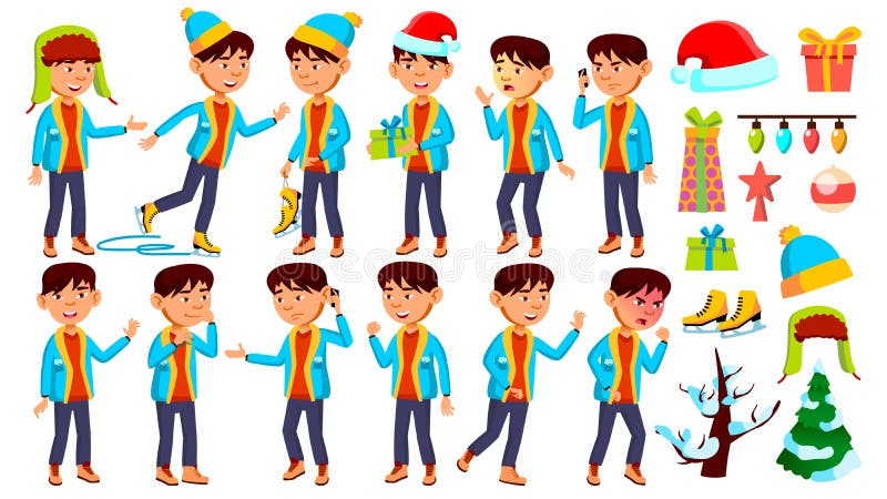 Het Aziatische Jonge geitje van de Jongensschooljongen stelt Vastgestelde Vector Chrastmas, Nieuwjaar De Kaukasische jeugd, Voor royalty-vrije illustratie Het Aziatische Jonge geitje van de Jongensschooljongen stelt Vastgestelde Vector Chrastmas, Nieuwjaar De Kaukasische jeugd, Voor royalty-vrije illustratie