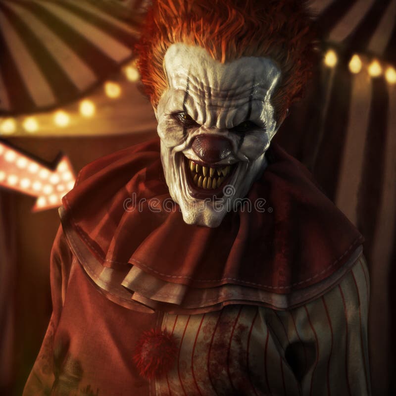 Frightening Evil looking clown posing in front of a circus tent. 3d rendering. Frightening Evil looking clown posing in front of a circus tent. 3d rendering