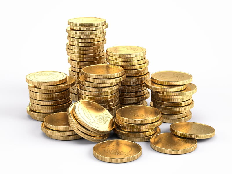 Het bank en financiënconcept - Gouden muntstukken op witte achtergrond