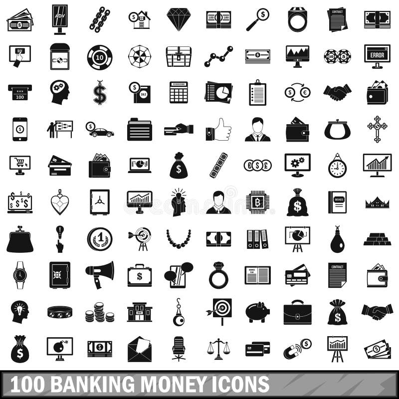 100 het bank geplaatste geldpictogrammen, eenvoudige stijl