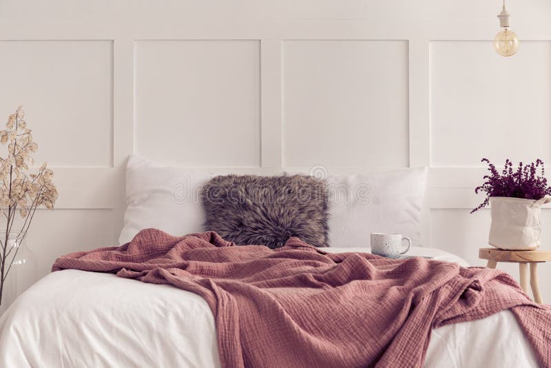 Furry pillow in the middle of king size bed with white bedding and dirty pink blanket, real photo with copy space on the empty wall. Furry pillow in the middle of king size bed with white bedding and dirty pink blanket, real photo with copy space on the empty wall