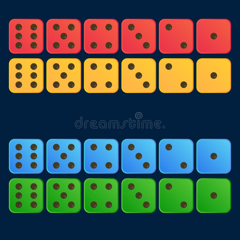 Het beeldverhaal dobbelt vlakke illustratie in vier kleuren vastgestelde Rood, geel, blauw, groen royalty-vrije illustratie Het beeldverhaal dobbelt vlakke illustratie in vier kleuren vastgestelde Rood, geel, blauw, groen royalty-vrije illustratie