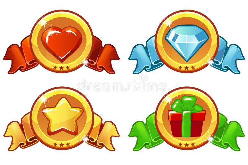 Het beeldverhaal kleurde pictogramontwerp voor spel, Vector de banner, ster, hitte, gift en diamant geplaatste pictogrammen van U royalty-vrije illustratie Het beeldverhaal kleurde pictogramontwerp voor spel, Vector de banner, ster, hitte, gift en diamant geplaatste pictogrammen van U royalty-vrije illustratie