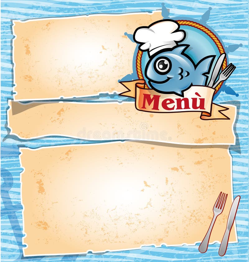 Het beeldverhaalmenu van de vissenchef-kok royalty-vrije illustratie Het beeldverhaalmenu van de vissenchef-kok royalty-vrije illustratie