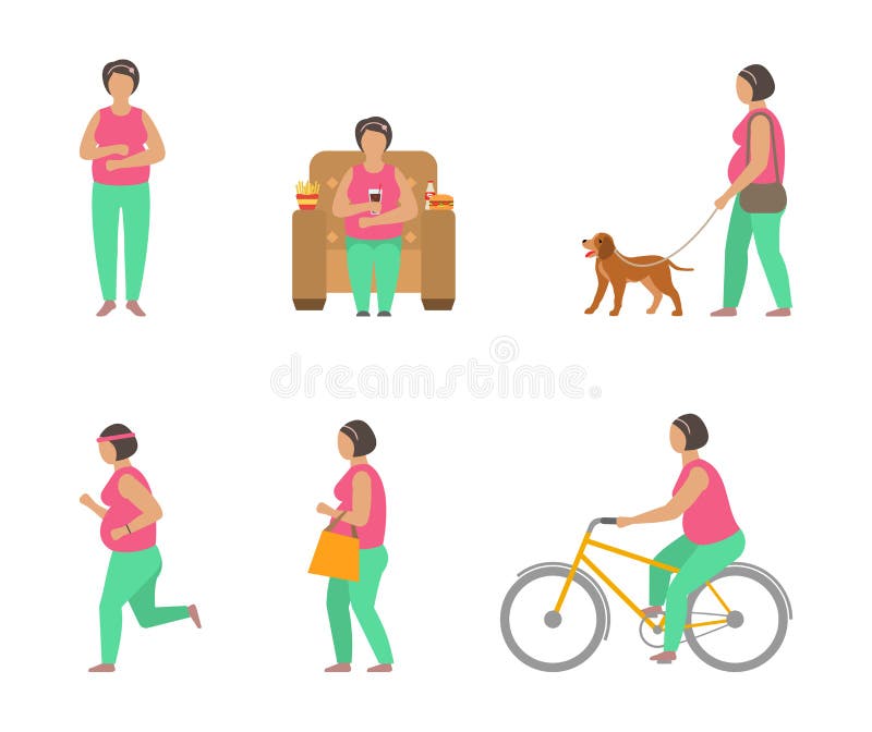 Het bestrijden van Zwaarlijvigheid door Sporten Vette Vrouw het Lopen Hond, Bicycling, het Aanstoten stock illustratie Het bestrijden van Zwaarlijvigheid door Sporten Vette Vrouw het Lopen Hond, Bicycling, het Aanstoten stock illustratie