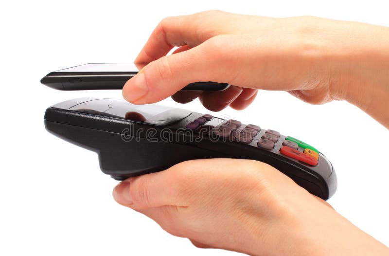 Het betalen met NFC-technologie op mobiele telefoon stock afbeelding Het betalen met NFC-technologie op mobiele telefoon stock afbeelding