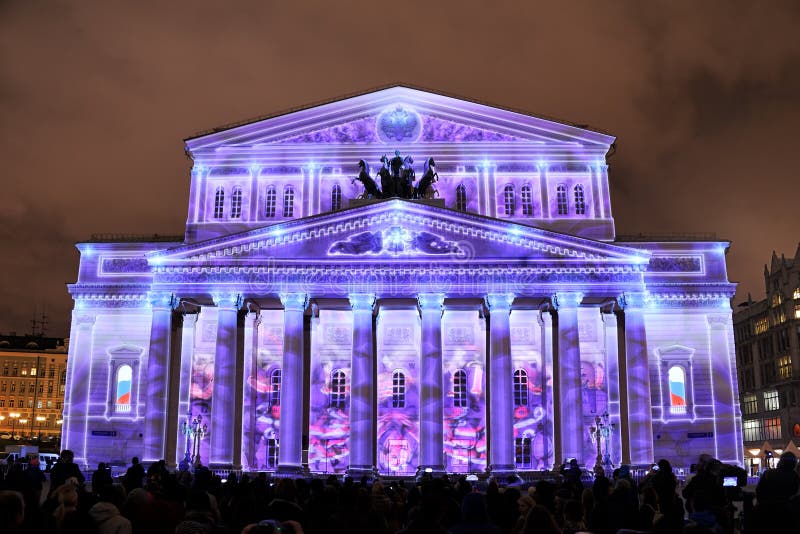 MOSCOW, RUSSIA: Bolshoi Theater The scene with cold blue color lights from a large 3D projection on the building of the main, historical scene of Bolshoi Theatre from â€œThe Timesâ€ video mapping by talented Chinese artist Gong Zhen. He took a 2nd prize in Art Vision Classic contest 2016 with his spectacular work. MOSCOW, RUSSIA: Bolshoi Theater The scene with cold blue color lights from a large 3D projection on the building of the main, historical scene of Bolshoi Theatre from â€œThe Timesâ€ video mapping by talented Chinese artist Gong Zhen. He took a 2nd prize in Art Vision Classic contest 2016 with his spectacular work.