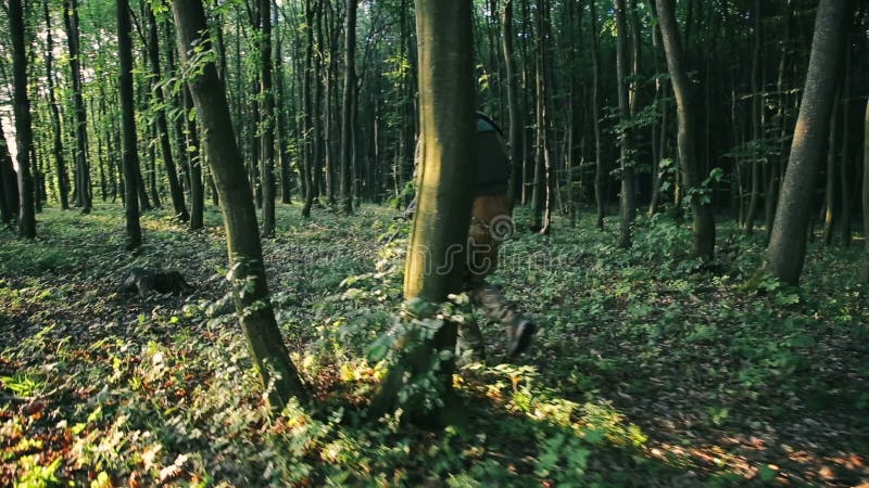 Het bewapende jonge militaire lopen in het bos