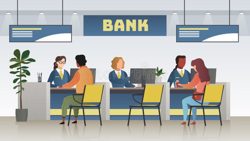 Het Binnenland van het bankbureau De professionele bankwezendienst, financiënmanager en cliënten Het krediet, storting raadpleegt vector illustratie Het Binnenland van het bankbureau De professionele bankwezendienst, financiënmanager en cliënten Het krediet, storting raadpleegt vector illustratie