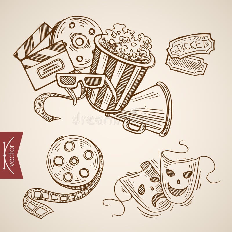 Het bioskooptheater toont retro de popcorn lineart vector van het dramakaartje royalty-vrije illustratie Het bioskooptheater toont retro de popcorn lineart vector van het dramakaartje royalty-vrije illustratie