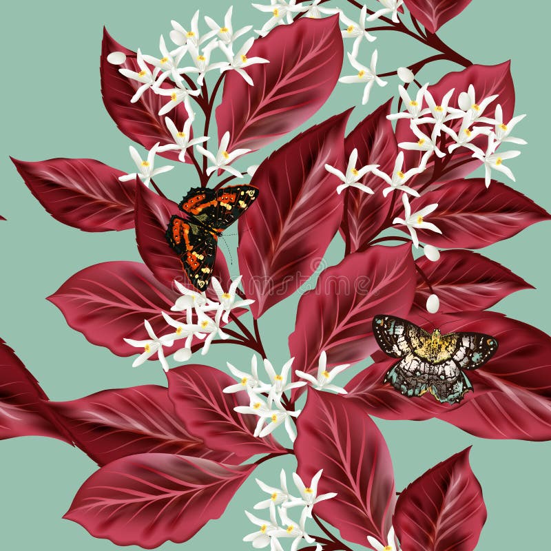 Het bloemen naadloze patroon met bloemen en rood doorbladert stock illustratie Het bloemen naadloze patroon met bloemen en rood doorbladert stock illustratie