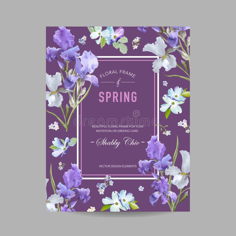 Het bloemenkader van de Bloeilente met Purpere Iris Flowers Uitnodiging, Affiche, de Vliegermalplaatje van de Groetkaart
