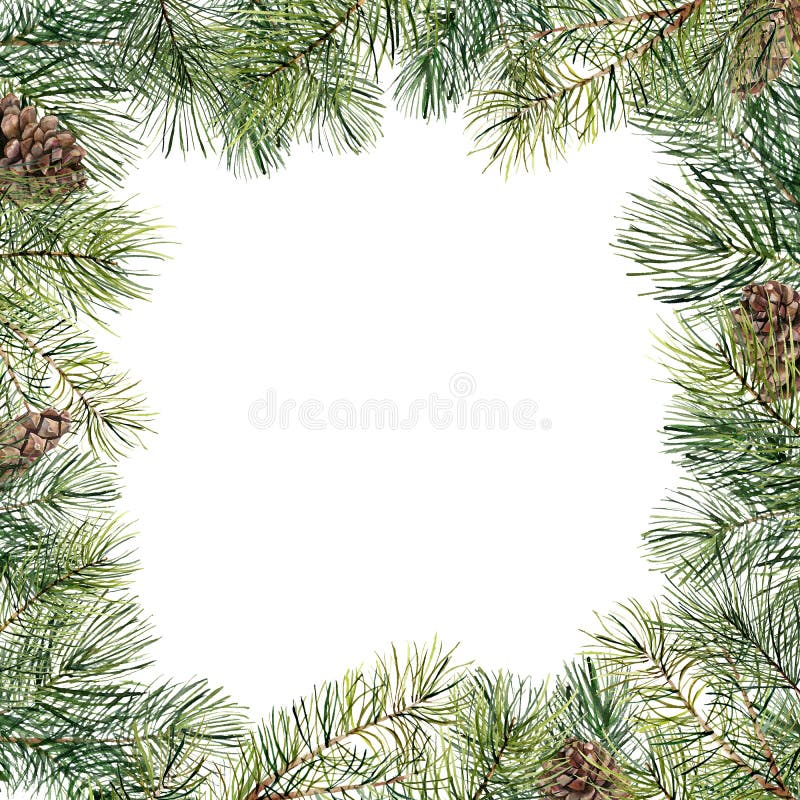 Het bloemenkader van de waterverfkerstboom met denneappels Hand geschilderde die spartak, denneappel op witte achtergrond wordt g royalty-vrije illustratie Het bloemenkader van de waterverfkerstboom met denneappels Hand geschilderde die spartak, denneappel op witte achtergrond wordt g royalty-vrije illustratie