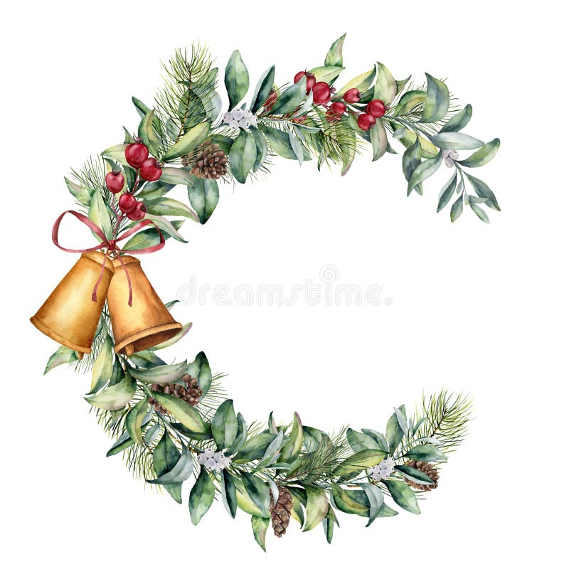 Het bloemenkader van waterverfkerstmis De hand schilderde bloementak met bessen en spartak, denneappel, klokken en lint royalty-vrije illustratie Het bloemenkader van waterverfkerstmis De hand schilderde bloementak met bessen en spartak, denneappel, klokken en lint royalty-vrije illustratie