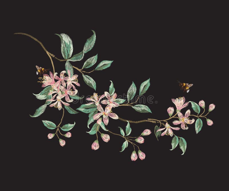 Het bloemenpatroon van de borduurwerktendens met tak van tropische Japanner royalty-vrije illustratie Het bloemenpatroon van de borduurwerktendens met tak van tropische Japanner royalty-vrije illustratie