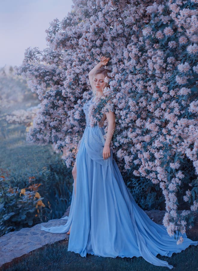 Het blonde, met een mooi elegant kapsel, loopt in een fabelachtige bloeiende tuin Prinses in een lange grijs-blauwe kleding E stock foto Het blonde, met een mooi elegant kapsel, loopt in een fabelachtige bloeiende tuin Prinses in een lange grijs-blauwe kleding E stock foto
