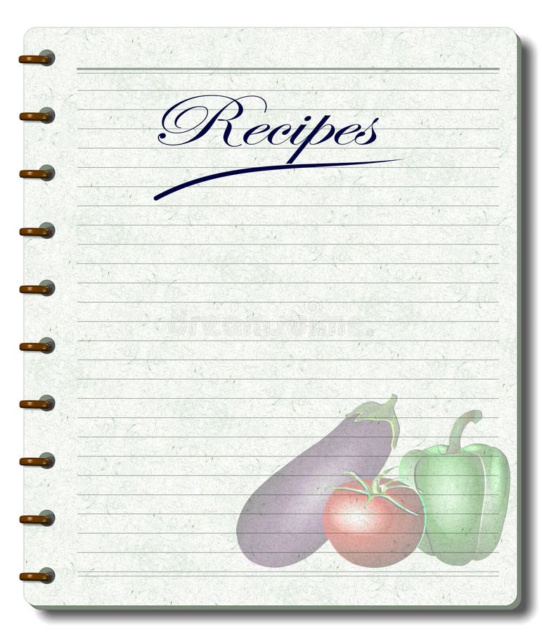 A white note book designed as a recipe book with illustration of vegetables printed on its pages. A white note book designed as a recipe book with illustration of vegetables printed on its pages