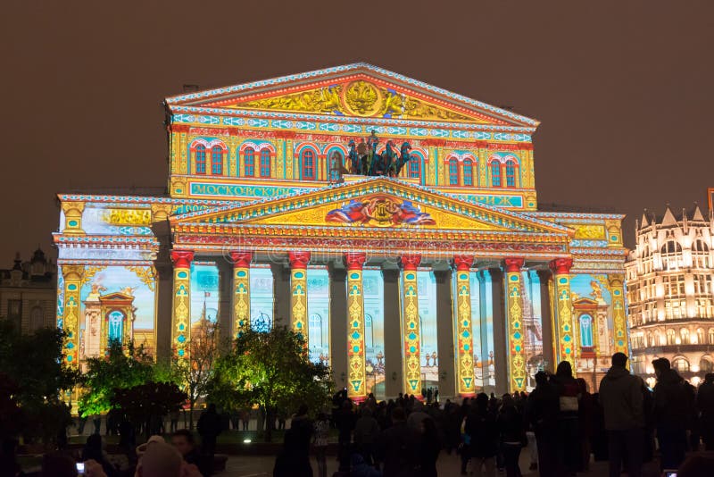 The Bolshoi Theatre during the International festival Circle of Light on october 4, 2013 in Moscow, Russia. Light show every year affects the main attractions of the city. The Bolshoi Theatre during the International festival Circle of Light on october 4, 2013 in Moscow, Russia. Light show every year affects the main attractions of the city.