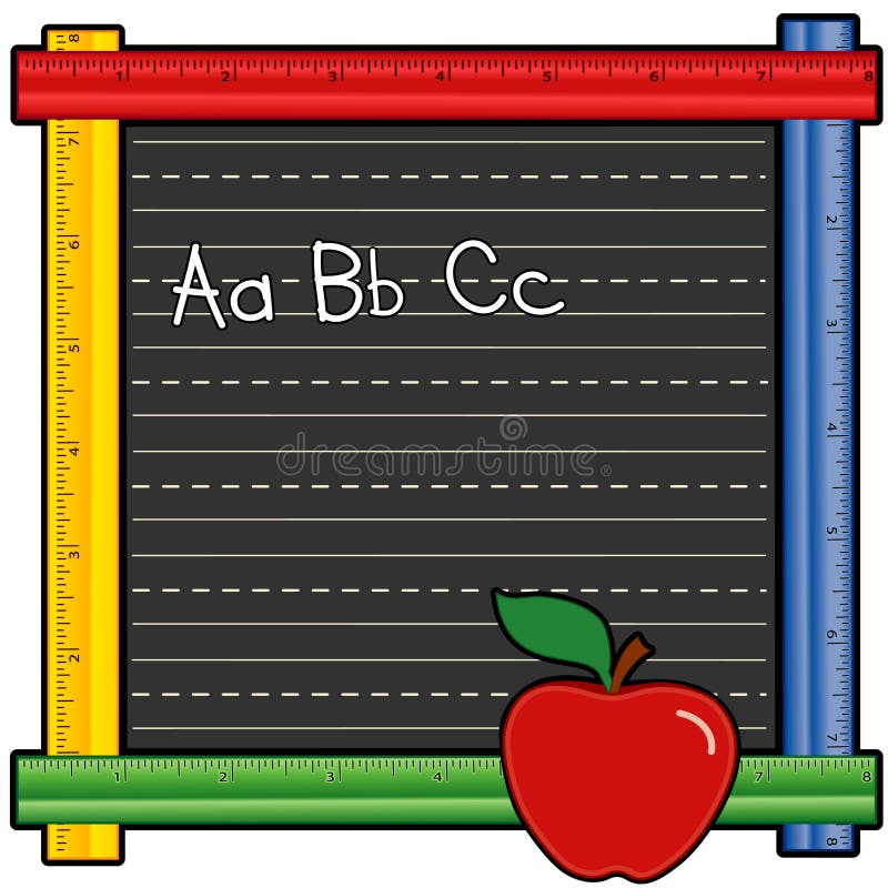 Back to school blackboard with colored ruler frame. ABC in chalk on writing lines, red apple. Copy space to add your own text. Back to school blackboard with colored ruler frame. ABC in chalk on writing lines, red apple. Copy space to add your own text.