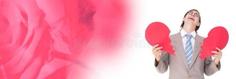 Digital composite of Valentines man breaking heart with rose background. Digital composite of Valentines man breaking heart with rose background