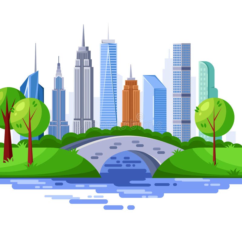 Het centrale park van New York en stedelijke wolkenkrabbergebouwen Vectorcityscape Illustratie
