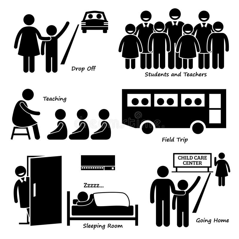 Set of pictogram representing children daycare center. Parent drop off the child at child care center. The teacher teaches the students, bringing them to field trip with bus, and letting them sleep. Finally, the child go home when his parent came. Set of pictogram representing children daycare center. Parent drop off the child at child care center. The teacher teaches the students, bringing them to field trip with bus, and letting them sleep. Finally, the child go home when his parent came.