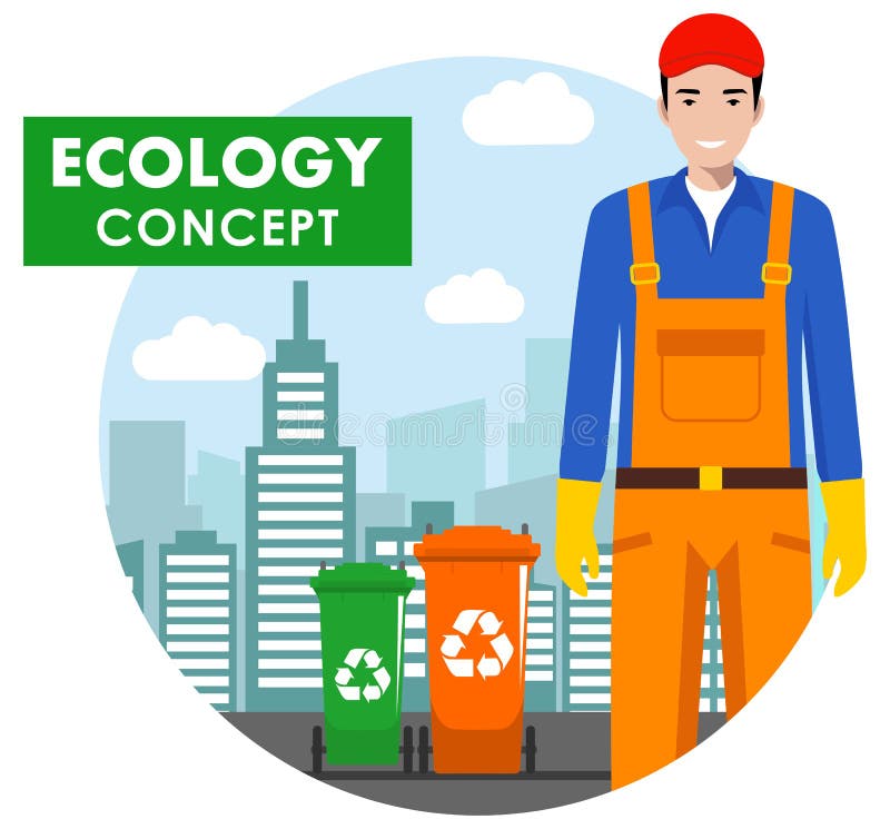 Het concept van de ecologie Gedetailleerde illustratie van de huisvuilmens in eenvormig en dumpsters op moderne cityscape achterg vector illustratie Het concept van de ecologie Gedetailleerde illustratie van de huisvuilmens in eenvormig en dumpsters op moderne cityscape achterg vector illustratie